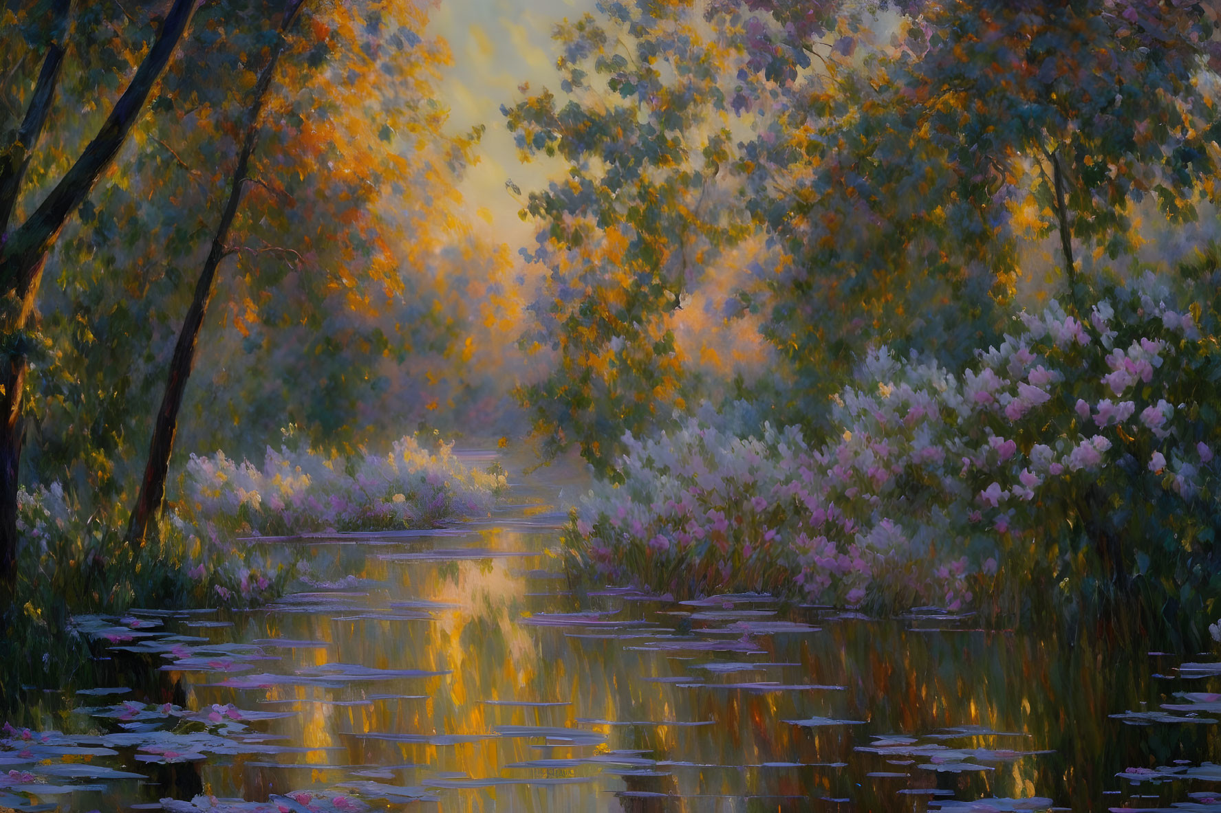 Tranquil river painting at sunset with reflections, trees, and flowers