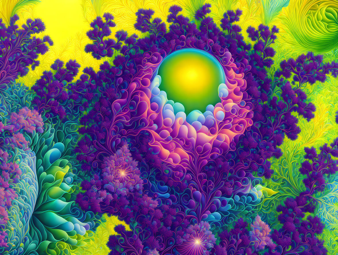 Colorful fractal art with intricate patterns in purple, blue, and green hues around a glowing yellow