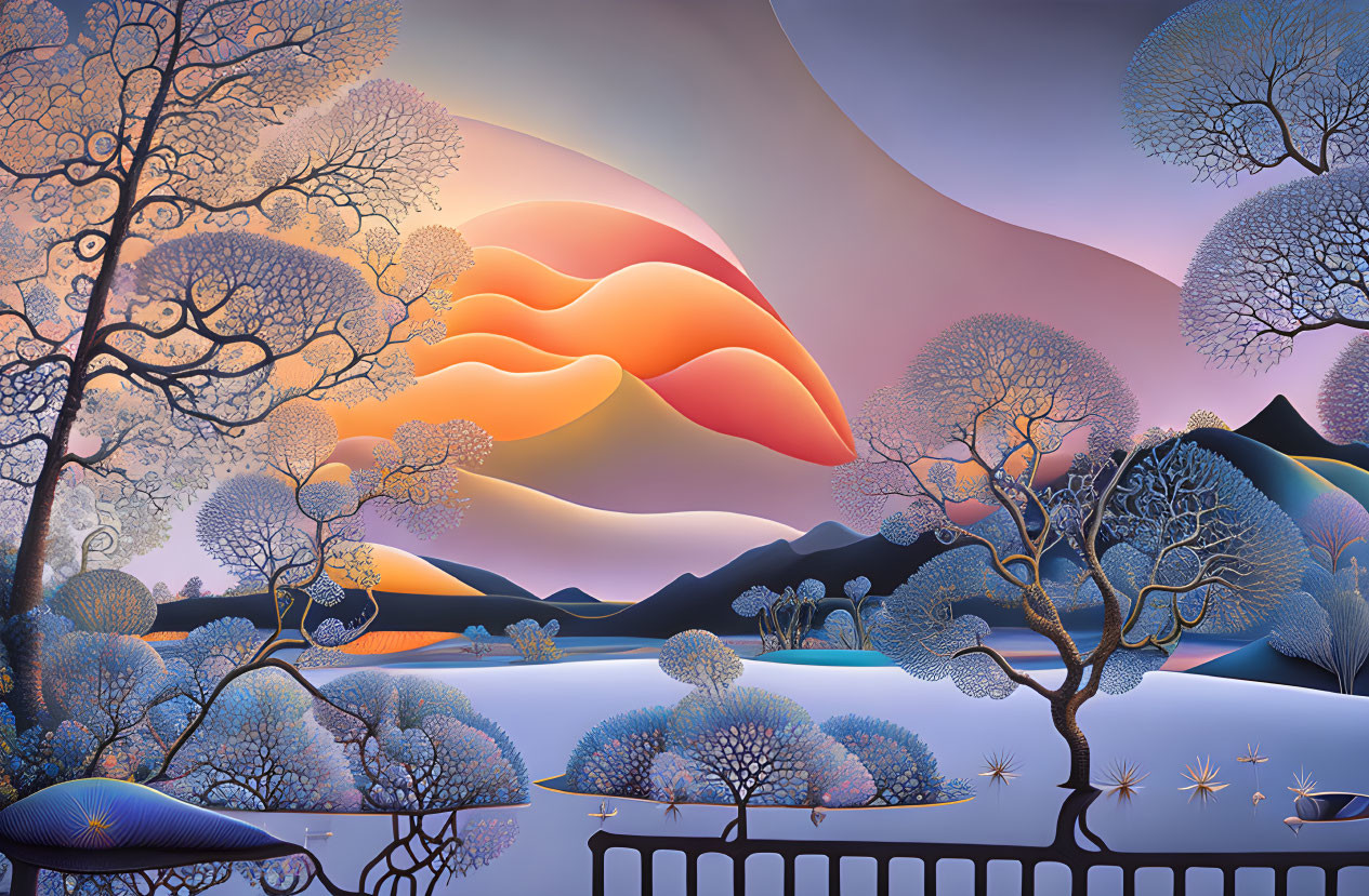 Vibrant sunset landscape with patterned trees and whimsical sun