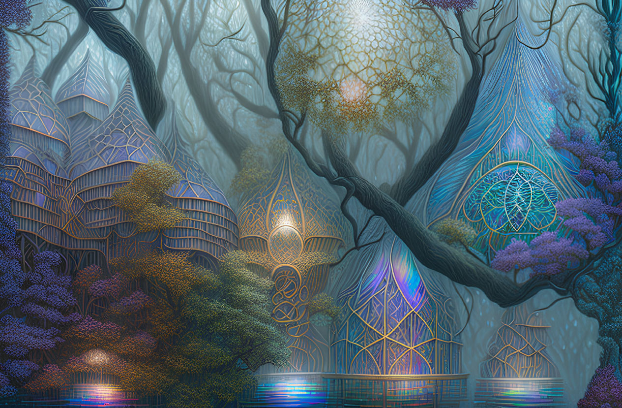 Luminescent forest with whimsical treehouses by tranquil water