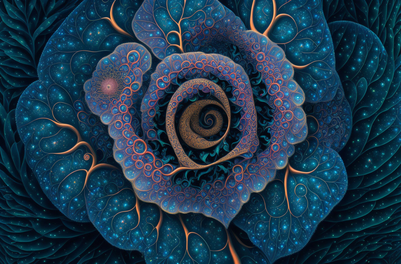 Fractal spiral flower digital art with blue and orange details