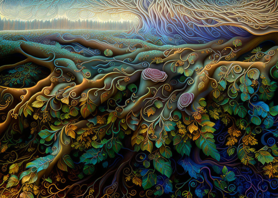 Colorful surreal landscape with rolling tree-like forms