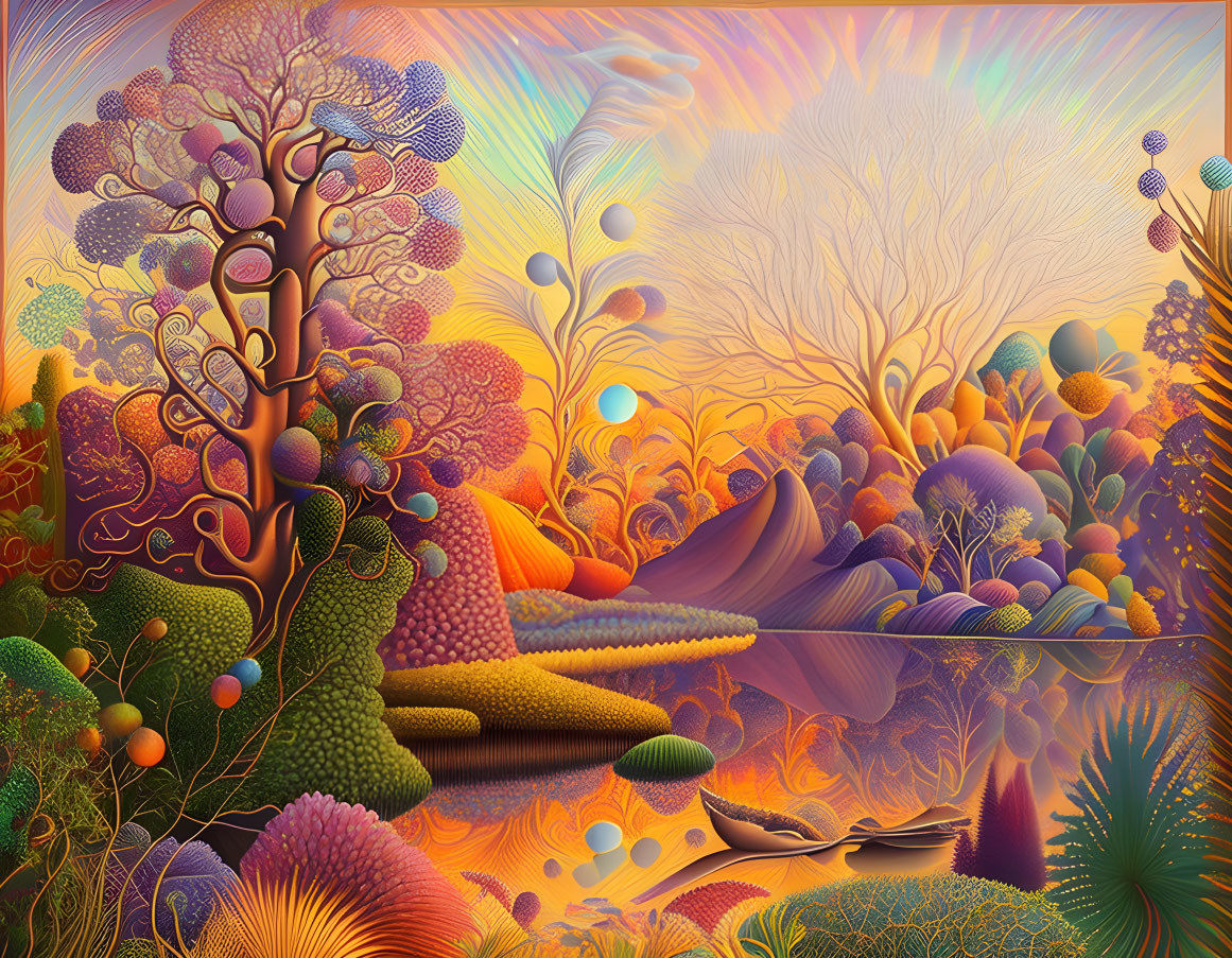 Colorful surreal landscape with stylized trees, river, boat, and multicolored sky