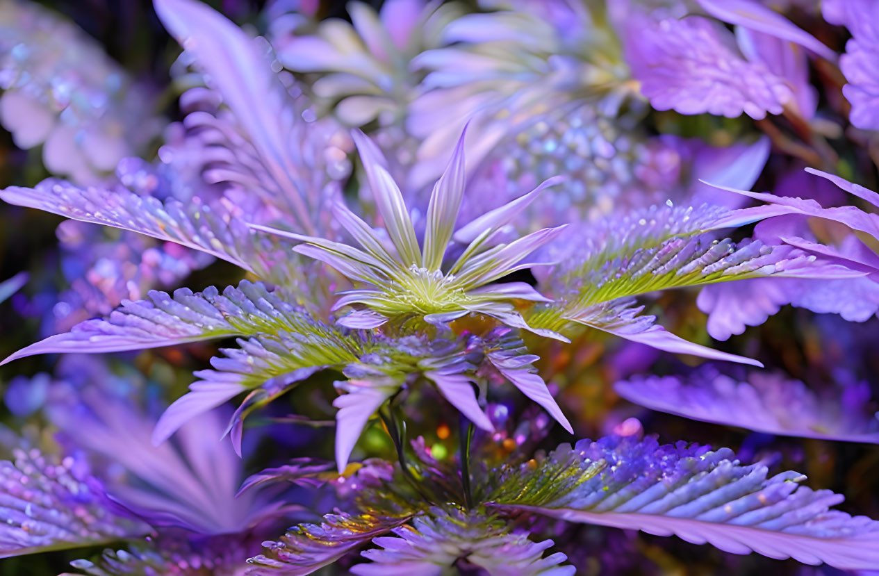 Vibrant purple and blue flowers with delicate petals and water droplets among lush foliage