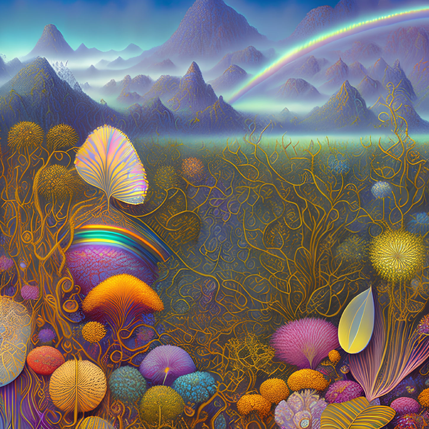 Colorful Mushroom Landscape with Trees, Mountains, and Rainbow