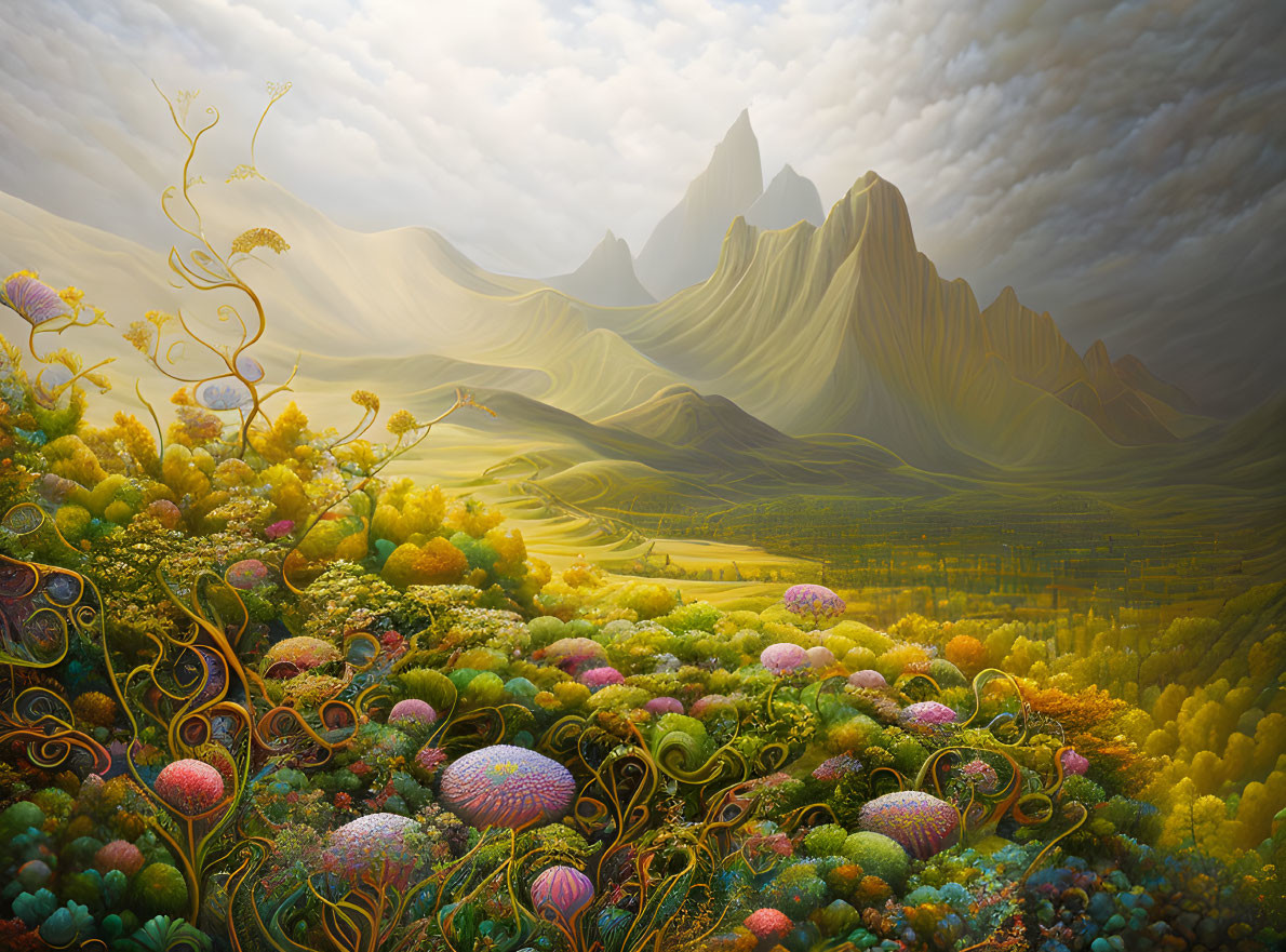 Vibrant flora and smooth mountains in surreal landscape