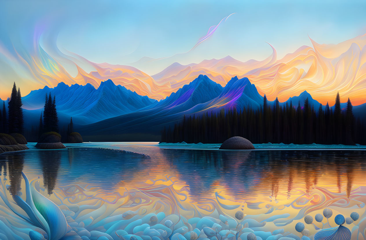 Whimsical landscape with stylized mountains and iridescent sky