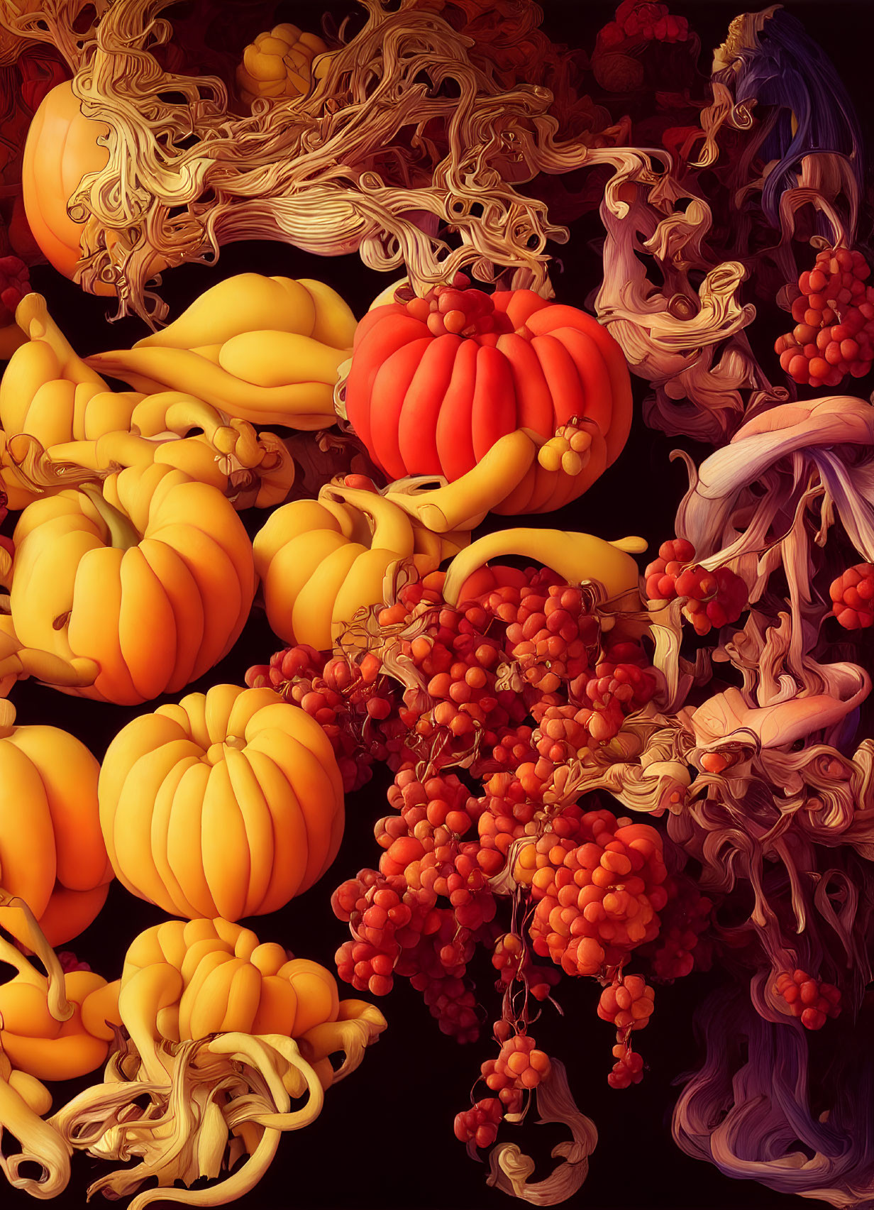 Colorful digital art featuring squashes, pumpkins, and grapes in ornate composition