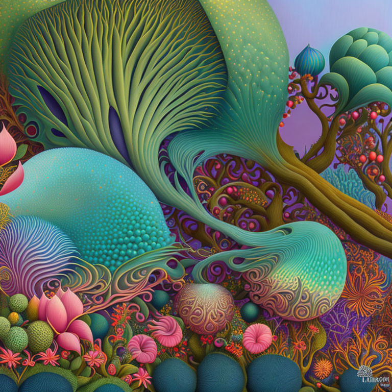 Colorful Psychedelic Artwork with Trees and Floral Patterns