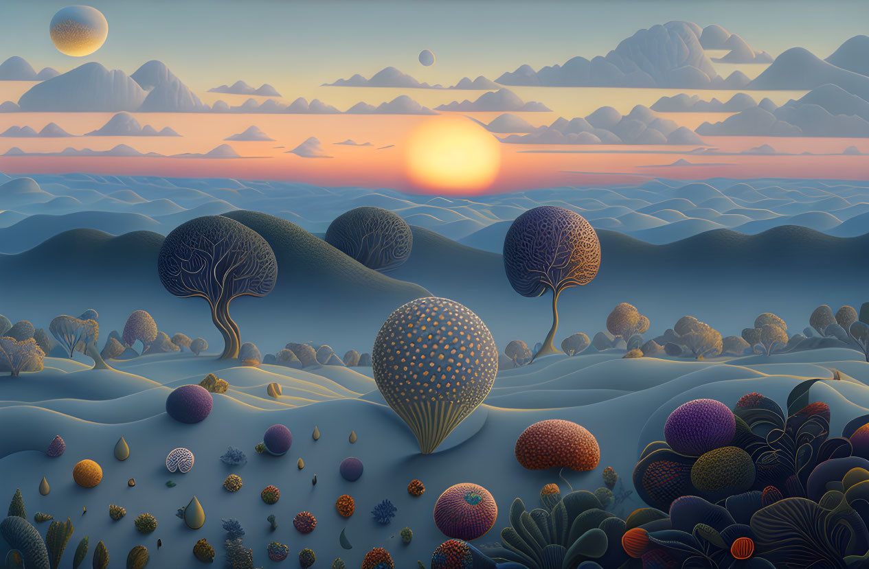 Surreal landscape featuring stylized trees and dual moons