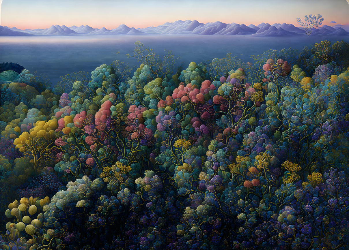 Colorful Forest and Mountain Range in Surreal Landscape