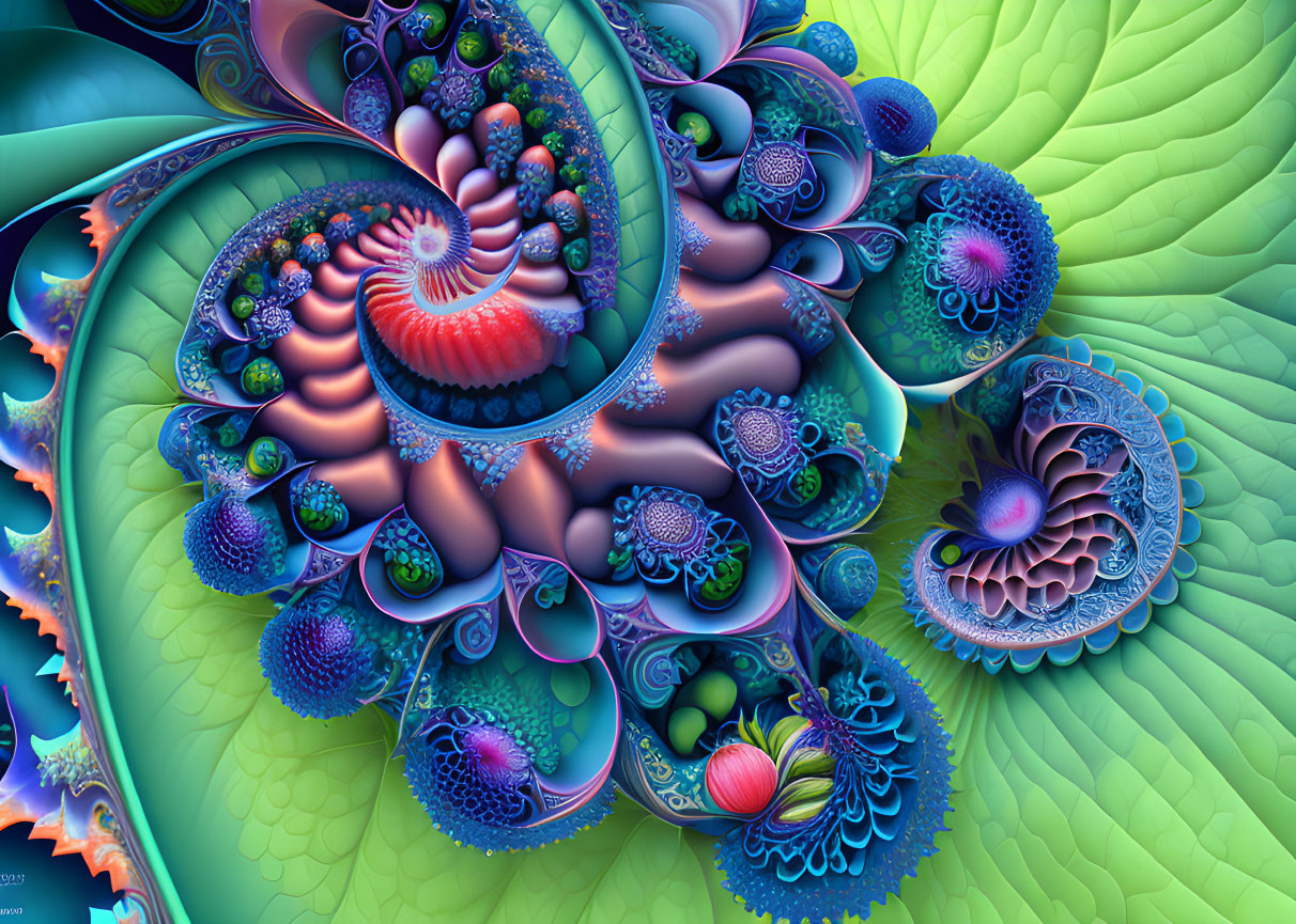 Colorful fractal art with intricate spiral patterns in blue, green, and orange