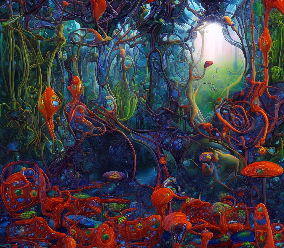 Surreal forest with twisted trees and radiant blue and red plant life