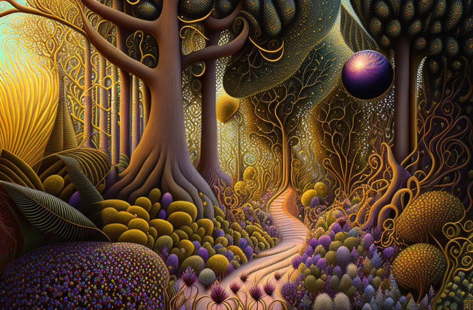 Colorful Artwork of Mystical Forest with Swirling Patterns and Glowing Orbs