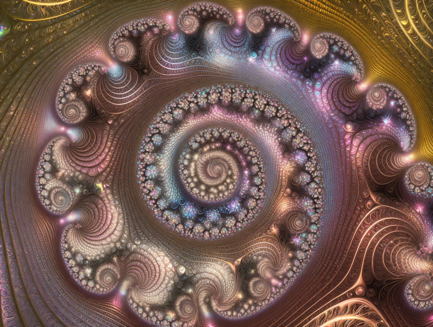 Detailed fractal image with spiral pattern in brown, gold, and blue hues