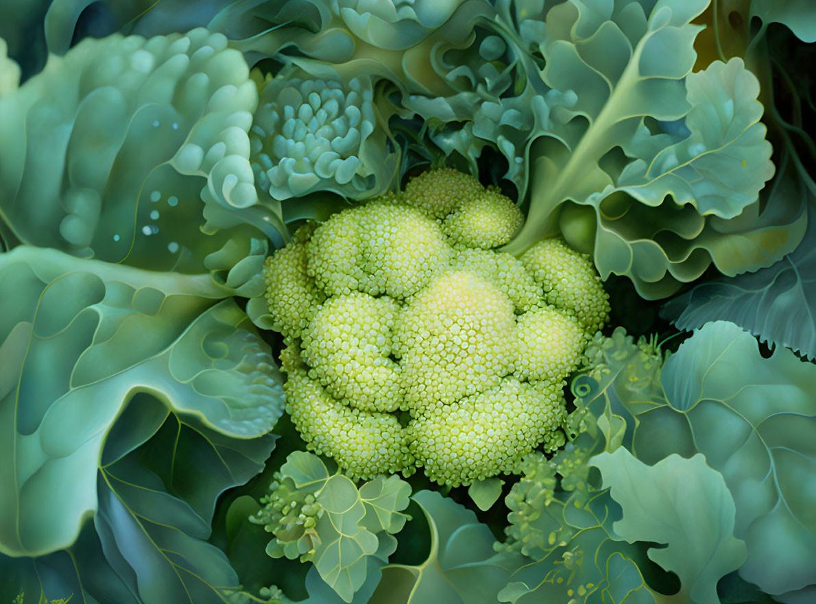 Detailed Illustration of Romanesco Broccoli with Green Leaves & Vegetables