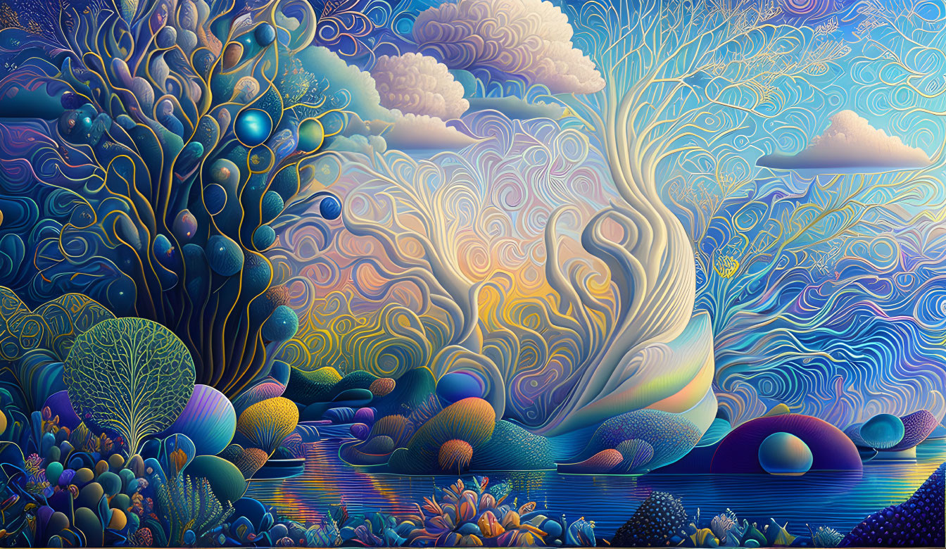 Colorful Psychedelic Landscape with Stylized Trees and Hills