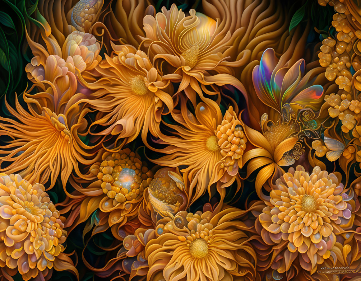 Colorful digital artwork featuring stylized flowers and a butterfly in a surreal garden.