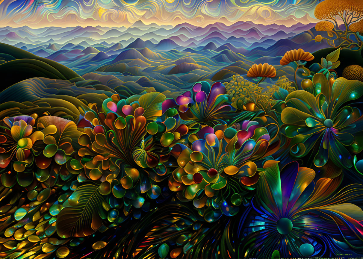 Colorful Digital Art: Fantastical Landscape with Wavy Mountains & Flower-like Patterns