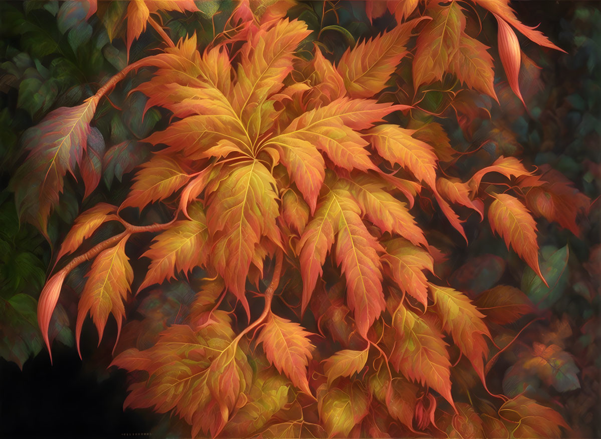 Colorful autumn leaves in orange, yellow, and red hues on blurred backdrop