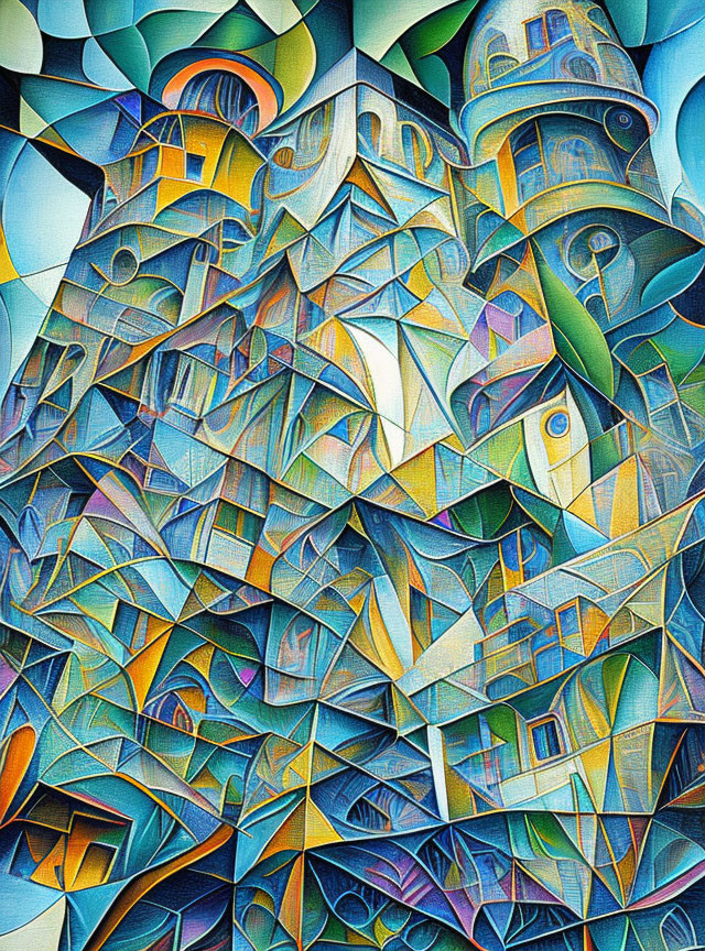 Abstract painting with geometric patterns in blues, yellows, and greens depicting kaleidoscopic architectural form