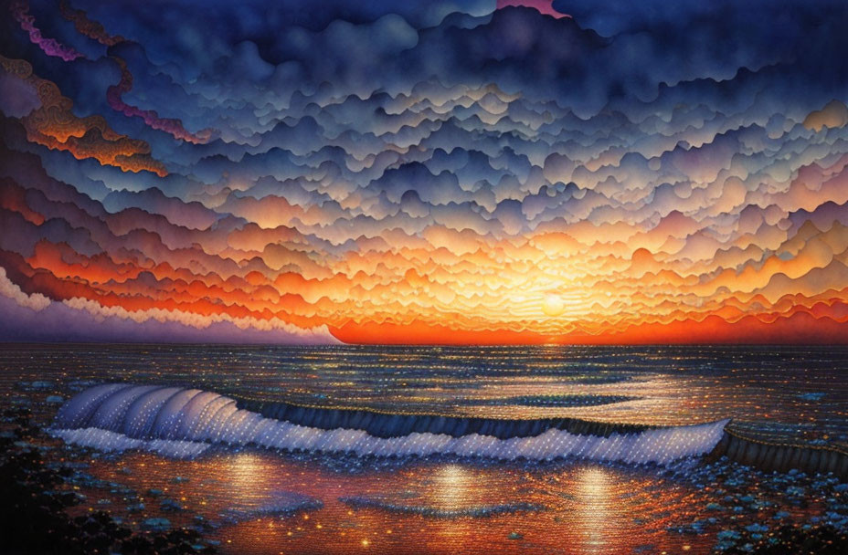 Vibrant sunset with layered clouds and calm sea reflection