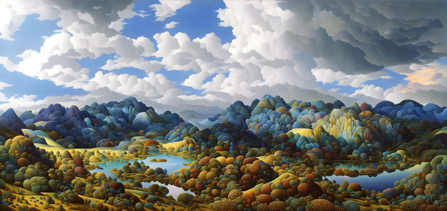 Panoramic landscape of stylized autumn hills under dramatic sky