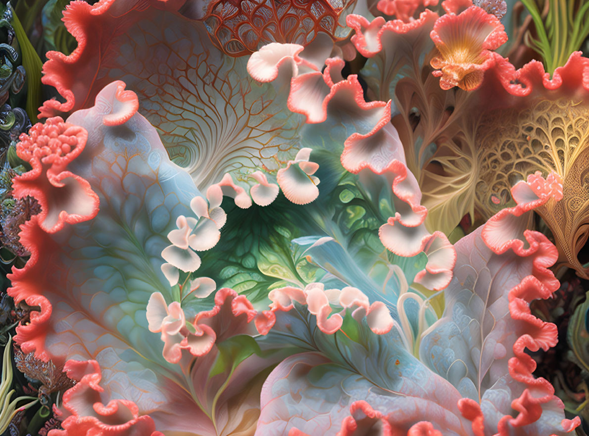 Detailed Digital Artwork: Coral-like Structures in Coral, Ivory, & Green