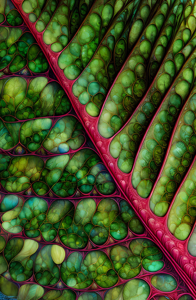 Detailed Digital Artwork: Leaf Structure with Green Textures & Red Vein Pattern