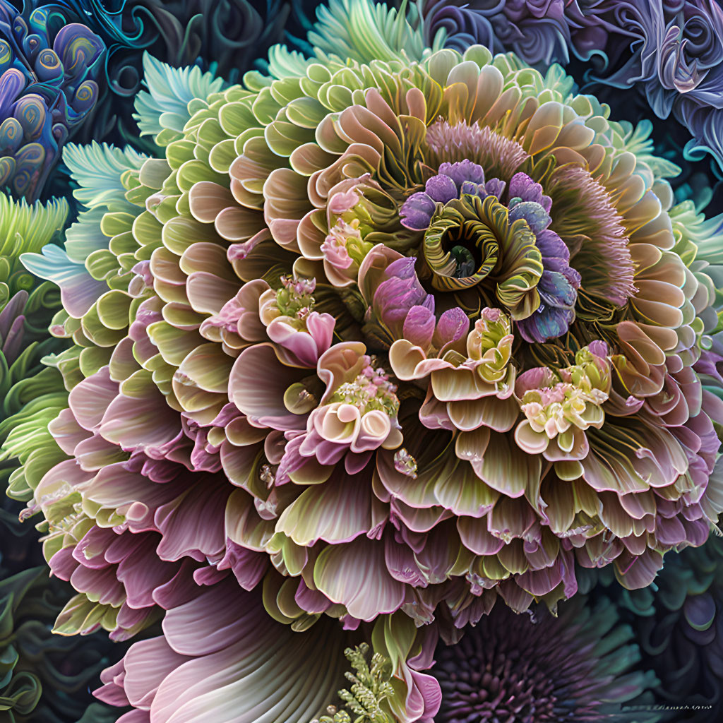 Colorful Fractal Art: Green, Purple, and Pink Petal Layers