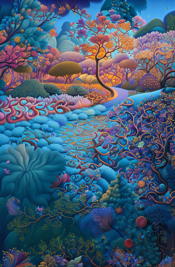 Colorful Artwork: Fantastical Landscape Transitioning to Underwater Scene