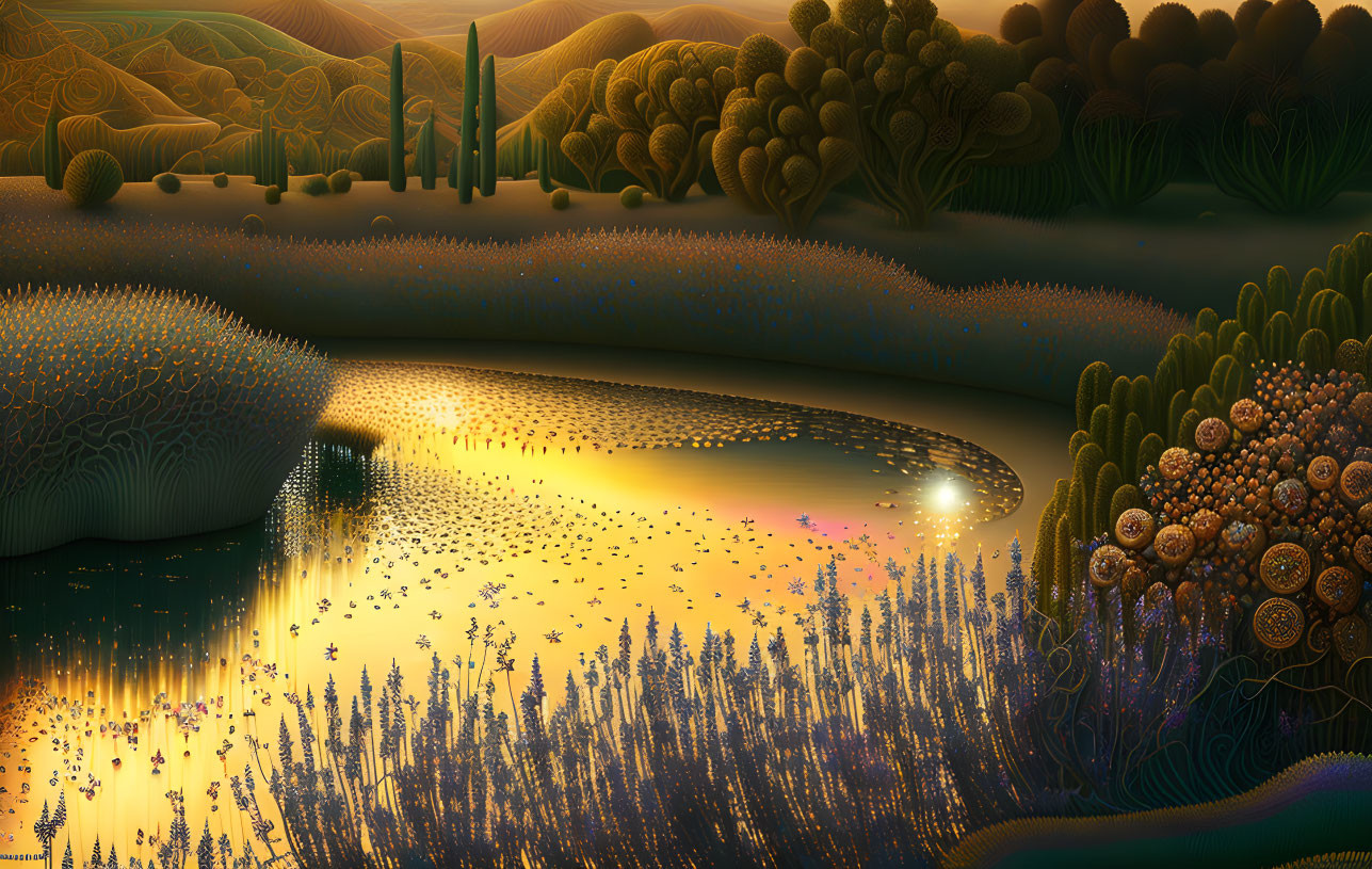 Surreal landscape illustration: rolling hills, reflective river, warm colors