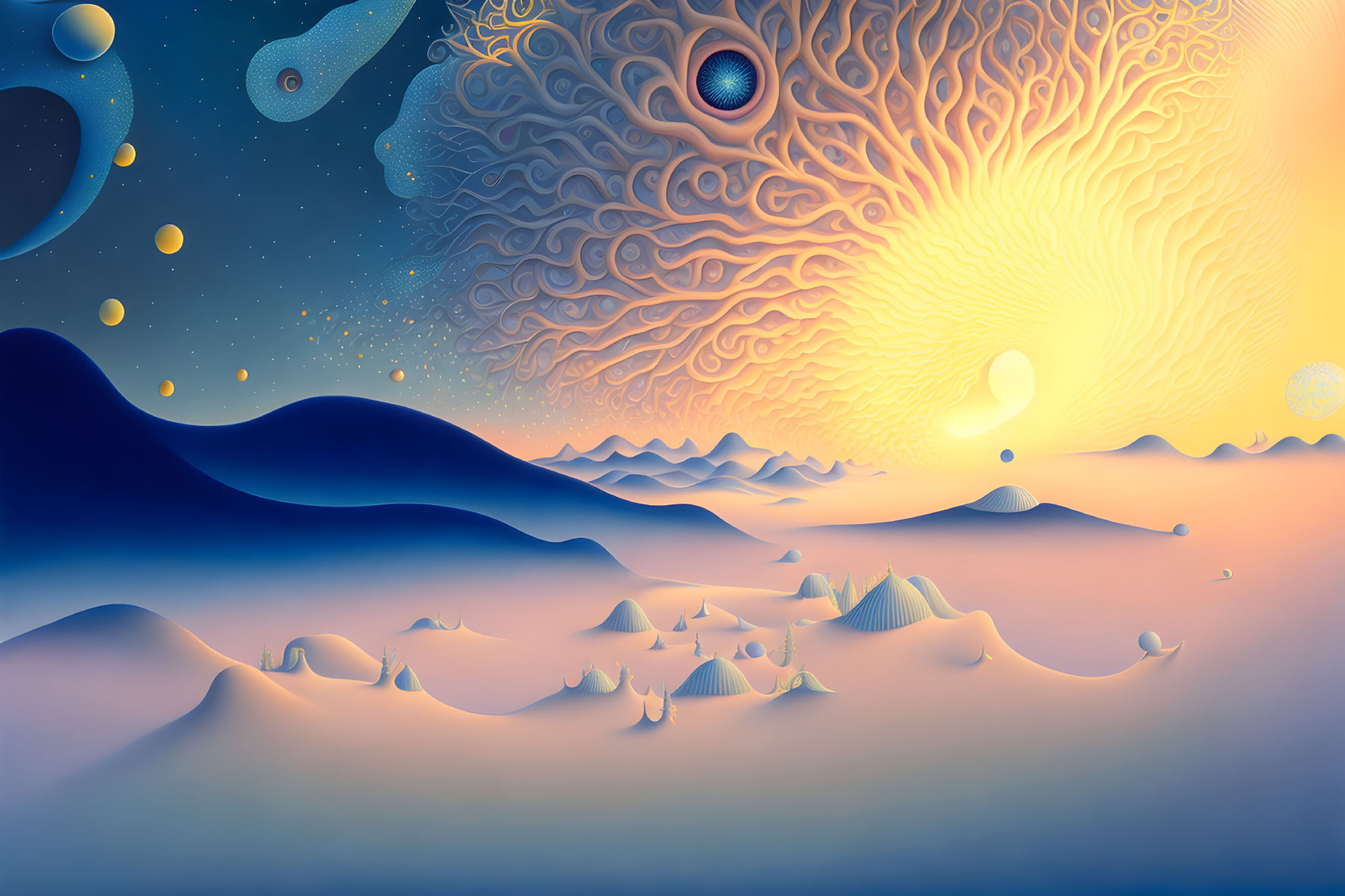 Surreal landscape with undulating hills under cosmic sky