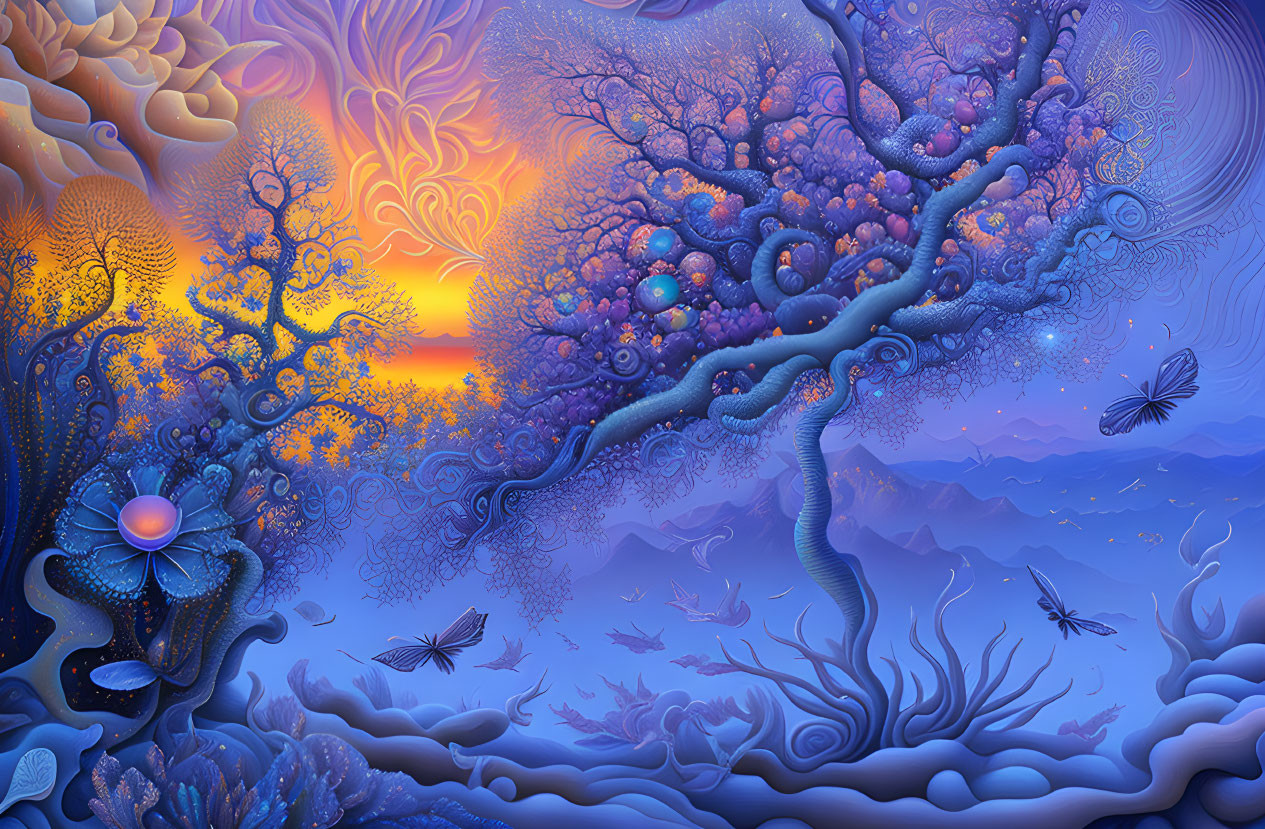 Colorful Fantasy Landscape with Tree, Mountains, Marine Elements, and Butterfly Creatures