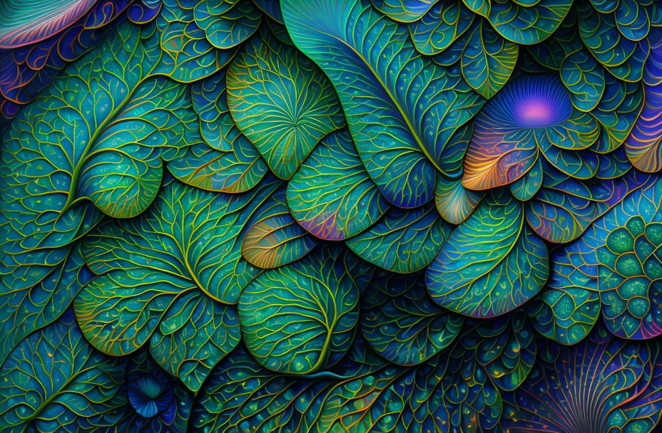 Colorful Digital Artwork with Leaf-like Patterns and Iridescent Palette