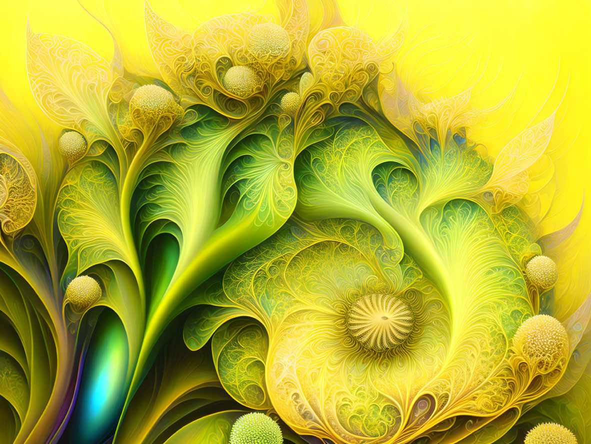 Colorful digital artwork with yellow and green fractal patterns and glowing spiraling shapes.