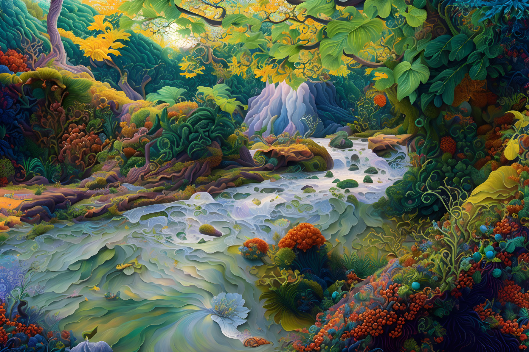 Colorful Forest Scene with Waterfall and River