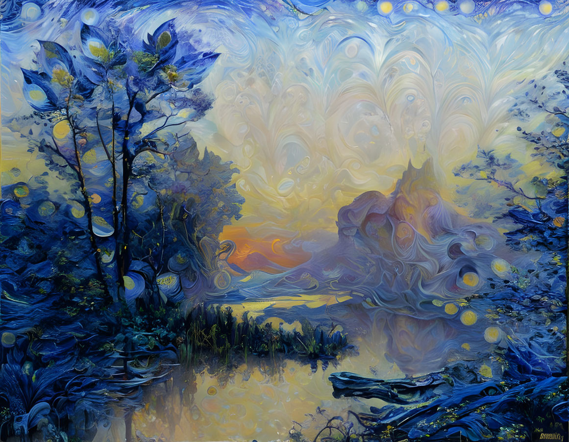 Surreal landscape painting with blue and yellow tones and floral elements