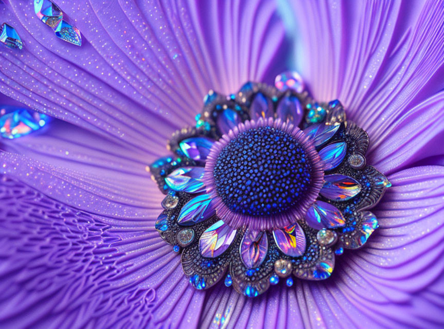 Purple Flower with Dark Center and Jewels on Textured Petal Background