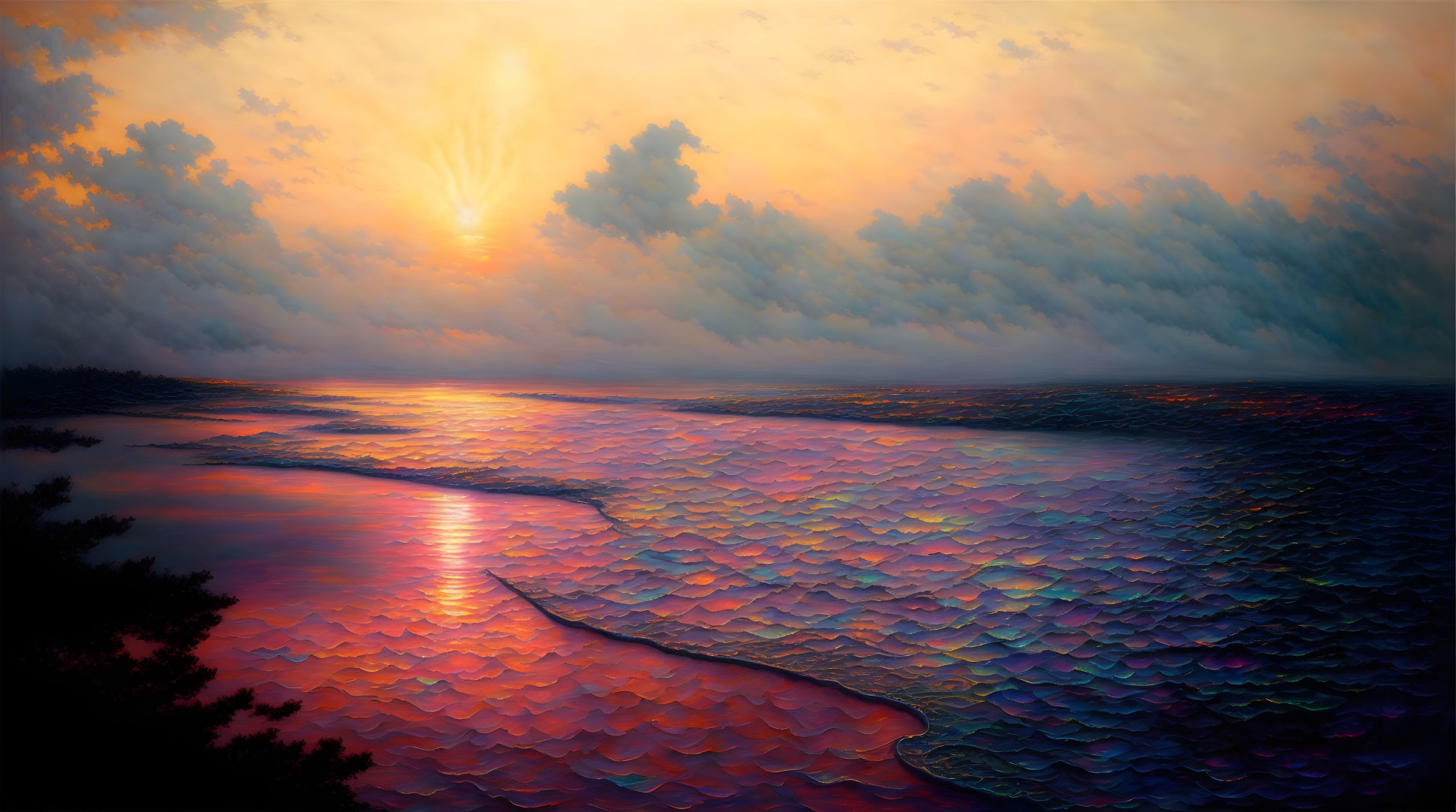 Vibrant sunset landscape painting with radiant clouds reflected over calm water