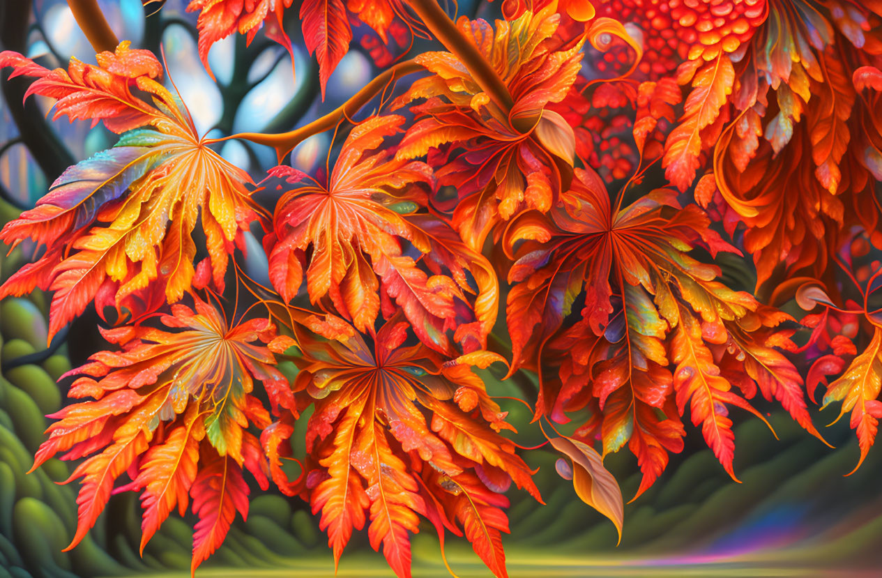 Detailed Digital Artwork: Fiery Orange Leaves on Cool Background