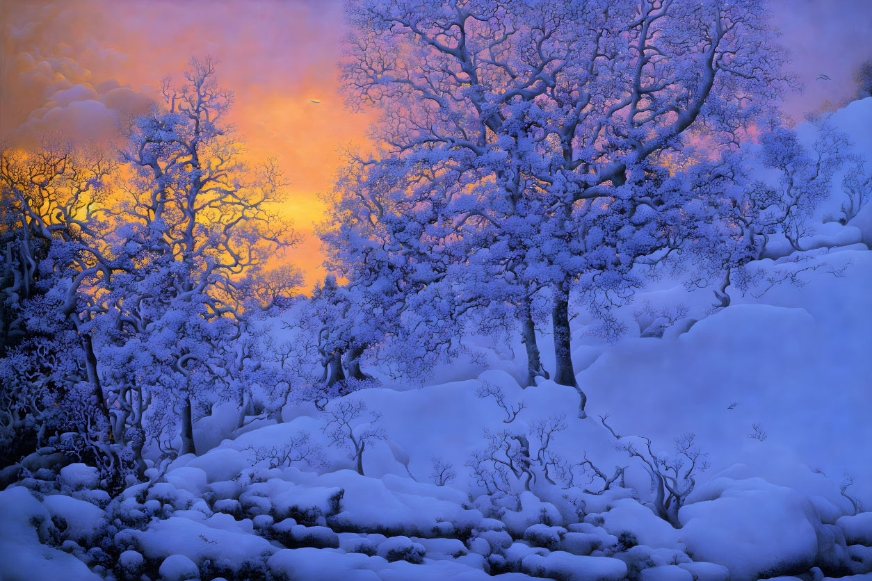 Snow-covered Winter Landscape at Twilight with Crescent Moon