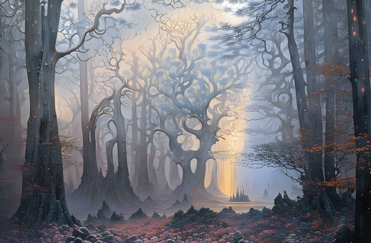 Ethereal forest with intricate trees and glowing light source amid misty atmosphere