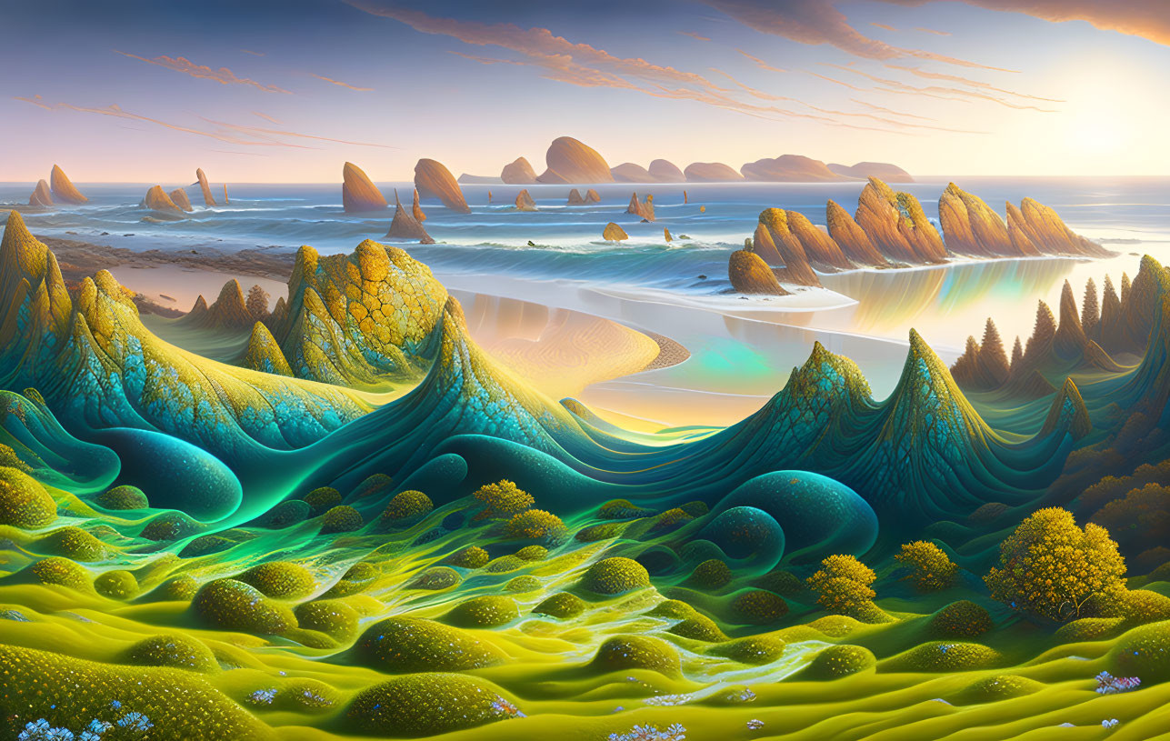 Surreal landscape with green hills, forests, beaches, ocean, and sunset sky