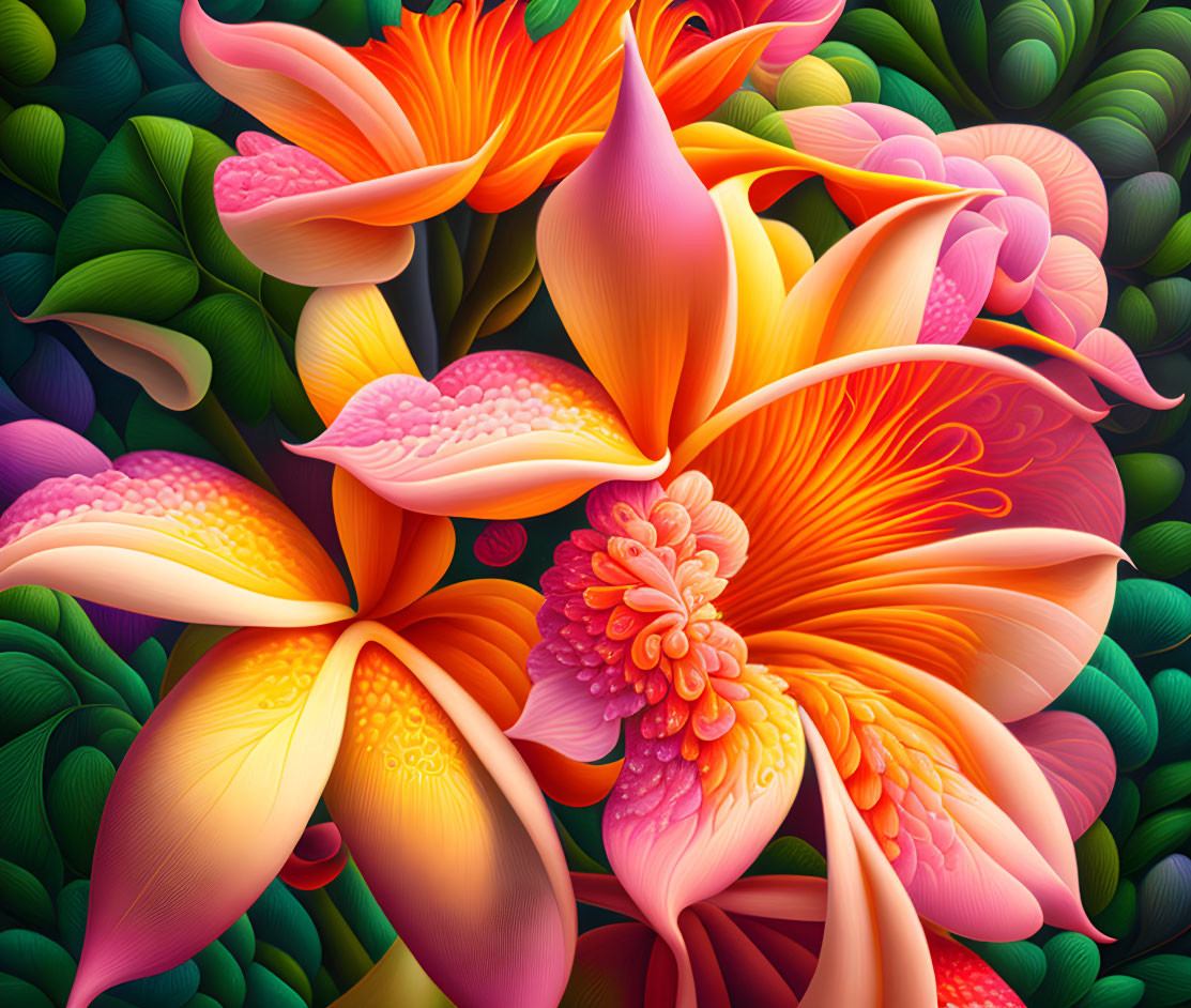 Stylized flowers in rich oranges and pinks on dark green background