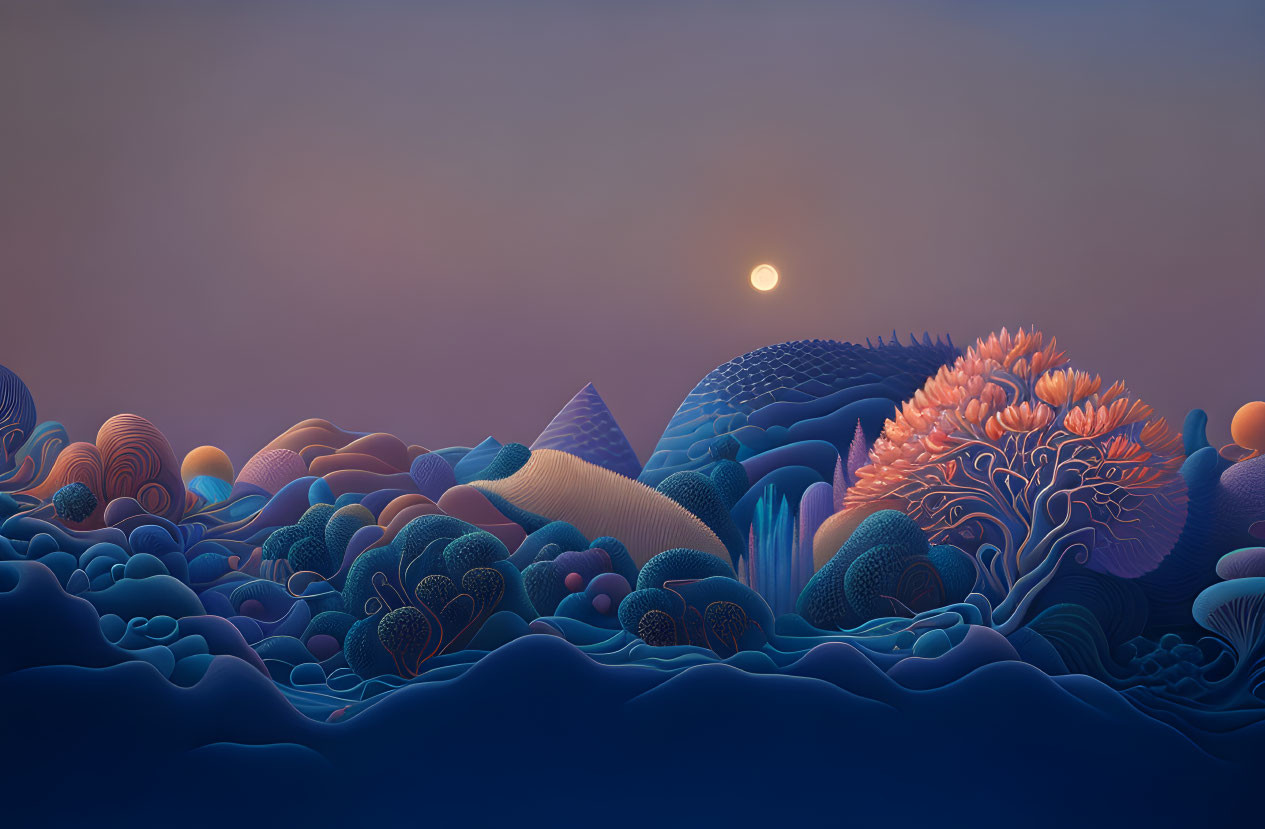 Vibrant sea landscape with coral formations under serene sunset