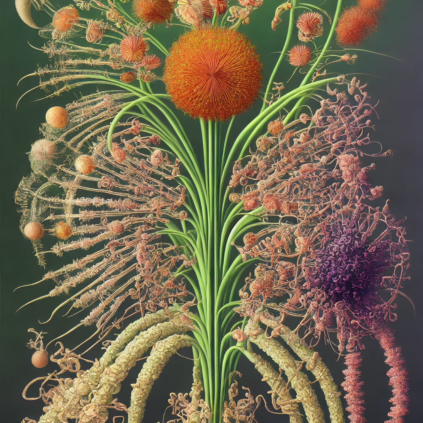 Colorful digital bouquet of whimsical tree-like plants with spiky blooms on dark background