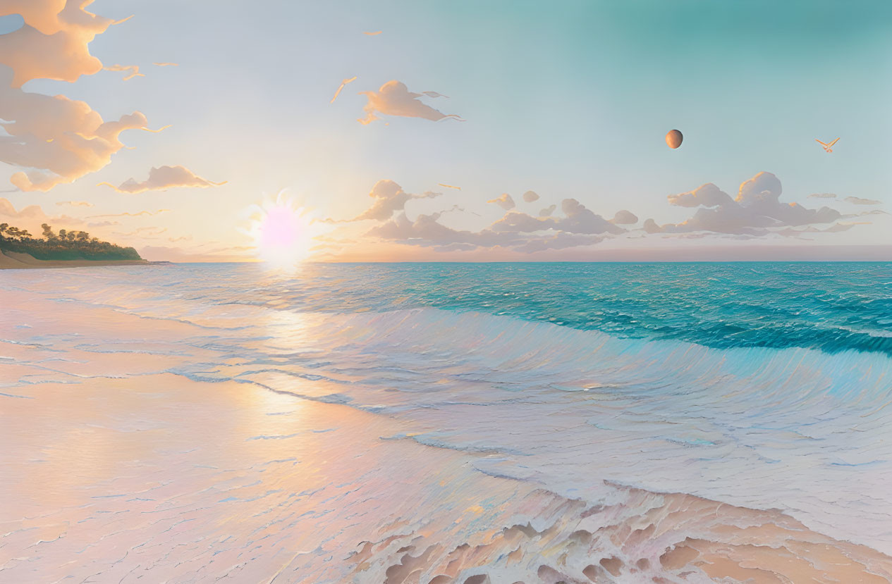 Tranquil beach sunrise with pastel sky, waves, hot air balloon, and birds