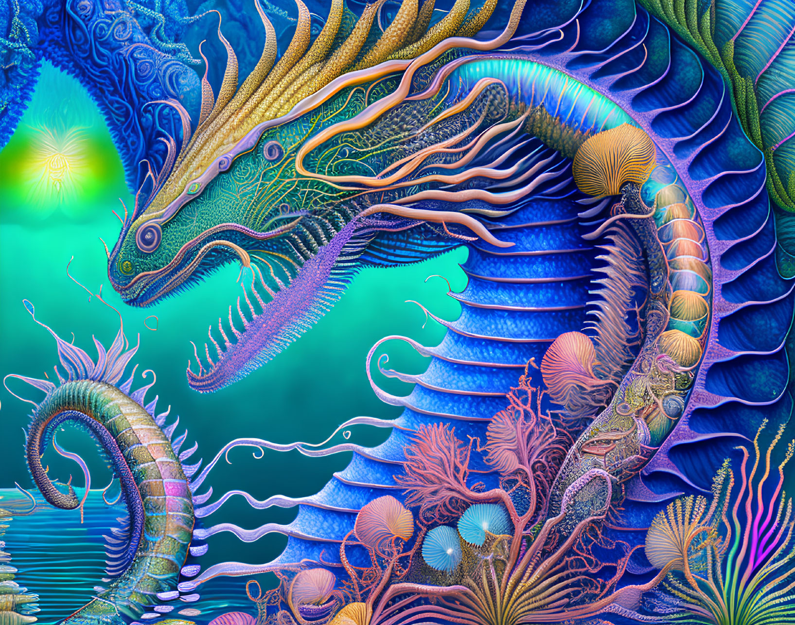 Colorful Mythical Sea Dragon Illustration with Underwater Flora