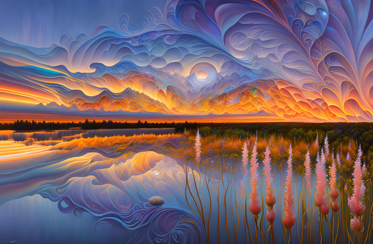 Colorful landscape painting: swirling orange and blue skies over tranquil water, flora, and pebbles